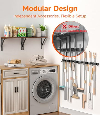 2Pack Broom Holder Wall Mount with Organizer Shelf, Space-Saving Broom and Mop Organizer Wall Hanging with 8 Broom Slots 10 Removable Hooks, Laundry Room Shelves for Laundry Room Garage Garden Closet