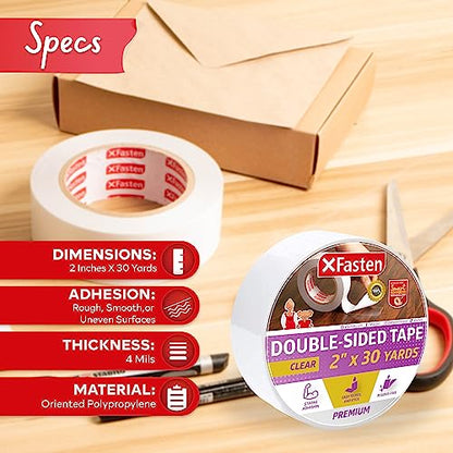 XFasten Double Sided Tape Clear, Removable, 2-Inch by 30-Yards, Ideal as a Gift Wrap Tape, Holding Carpets, and Woodworking - size: 2 Inch x 30-Yards