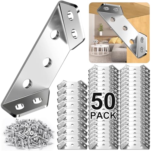 MAPVOLUT 50PCS Corner Brackets For Wood with 300 Screw, Premium Stainless Steel Metal Shelf Brackets Furniture Corner Connector For Wood, Universal Size Sturdy Angle Bracket Corner Brace Strong Fixing - size: Silver 50Pcs