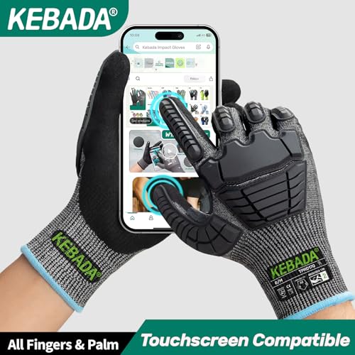 Kebada Impact Protection Gloves, ANSI A2 Cut Resistant Work Gloves with Grip, Touchscreen, Sandy Nitrile Coated - color: Black (3 Pair), size: XX-Small