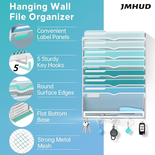 8-Tier Hanging Wall File Organizer with 5 Hooks, Mesh Wall File Holder Vertical Mount Mail Organizer for Papers, Folders, Magazines, Bills, Office and School, White - size: 8 Tier-White