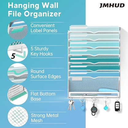 8-Tier Hanging Wall File Organizer with 5 Hooks, Mesh Wall File Holder Vertical Mount Mail Organizer for Papers, Folders, Magazines, Bills, Office and School, White - size: 8 Tier-White