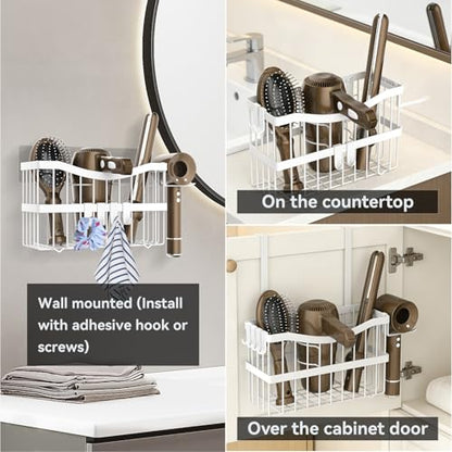 Dailyart Hair Tool Organizer Wall Mounted, 3-in-1 Blow Dryer Holder for Bathroom, Hair Dryer Holder and Styling Tools Organizer for Flat Iron, Curling Wand, Hair Accessories Storage, White
