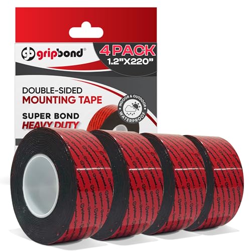 GripBond Black Super Bond Heavy Duty Double Sided Tape, 4 Rolls (18.3 Ft), 1.2” x 220” – Waterproof Adhesive Mounting Tape for Indoor/Outdoor, Walls, Automotive, Car, LED Strip Lights, Home, Office - color: Black - Super Bond, size: 1.2” x 220” (4 Rolls)