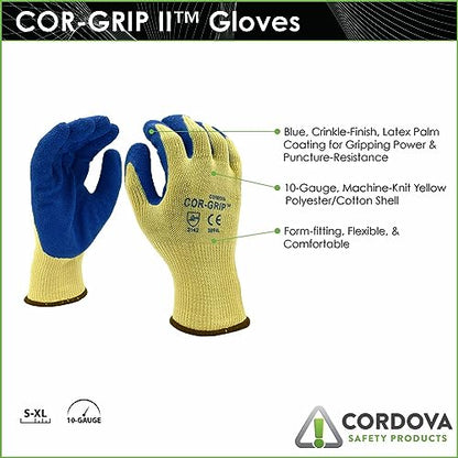 Cordova Cor-Grip Gloves, 10-Gauge, Yellow Poly/Cotton Shell, Blue Latex Palm Coating, 12-Pack - size: Small