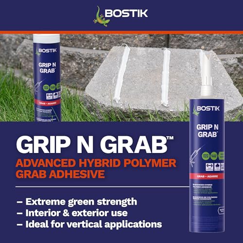 BOSTIK Grip n Grab 9.5oz Instant Grab Premium Heavy Duty Adhesive Glue | Professional Grade | Internal External Waterproof Low Odor Fast Cure | Wood Concrete Drywall Metal & More | 1 Cartridge