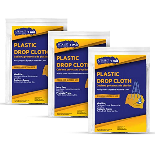 Drop Cloth Painters Plastic Sheeting, Plastic Drop Cloths for Painting, 9 x 12 Feet Paint Drop Cloth Tarp, Clear Plastic Tarp Cover, 1 Mil Thick Plastic Sheeting, Ideal for Multi-Purpose Use (3 Pack) - color: 3 Pack, size: 1 Mil