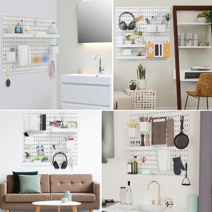 16pcs Pegboard sets, Plastic White Peg board Wall Organizer Kits,4pcs Peg Board and 12 Accessories Modular Hanging, Wall Mount Display Pegboard Panel Sets for Home Office Garage Kitchen Workshop - style: ABS pegboard kit