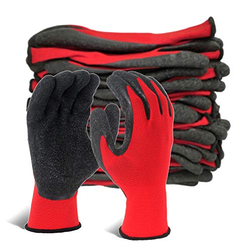 Evridwear Crinkle Latex Rubber Hand Coated Safety Work Gloves for Men Women General Multi Use Construction Warehouse Gardening Assembly Landscaping,Red Medium 12 Pairs Pack - color: Red, size: Medium