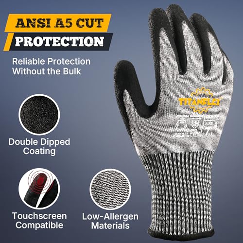 TitanFlex Cut Resistant Gloves ANSI A5, Work Gloves with Sandy Nitrile Grip,Grey - size: XX-Large