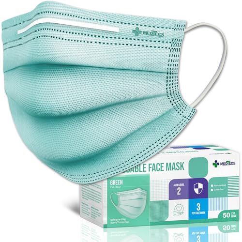 Medtecs Face Mask Disposable – Available in 50 & 2,000 pcs – ASTM Level 1, 3-Ply Breathable, Soft Fit – Adult Size – Ideal for Commuting & Daily Wear - color: 07. Green, size: Adult - 50PC