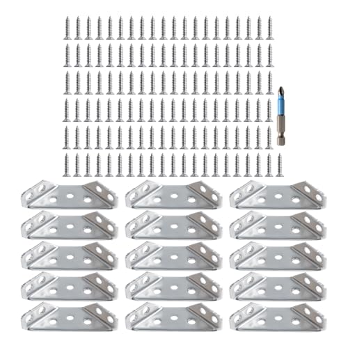 Trapezoid L Shelf Bracket Brace - Corner Connector: 15 Pack Angle Brackets Stainless Steel Support Joint with Mounting Hardware Used for Wood Chair Furniture Cabinetry Vanity Project Build Repair