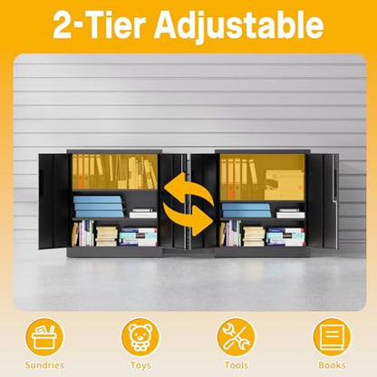 Metal Storage Cabinet, 35" Garage Storage Cabinet with 2 Adjustable Shelves & Lockable Doors, Black Garage Cabinets for Office, Home, Garage, Gym, School - size: 35" H X 15.8" D X 32" W