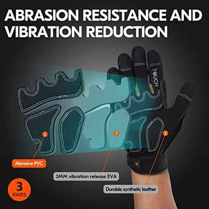 Vgo... 3-Pairs Heavy Duty Synthetic Leather Work Gloves, Impact Protection Mechanic Gloves, Rigger Gloves,Vibration Reduction, Touchscreen Capable (Size M, Black, SL8849) - color: Black-regular, size: Medium (3 Pairs)