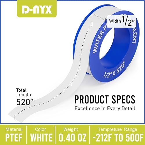 D-NYX 1, 4 or 5 Rolls 1/2 Inch(W) X 520 Inches(L) Teflon Plumbers Tape, Duct Sealant Tape for Shower Head, Plumbing Thread Tap, Water Pipe Sealing Plumbers PTFE Thread Seal (1 Pack) - size: 1 Pack