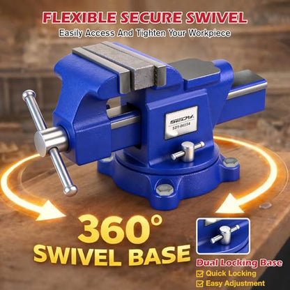 6-Inch Bench Vise with Jaw Pads, Heavy Duty Workbench Vise with Anvil, 360° Swivel Locking Base, 4500 lbs Clamping Force Bench Vice for Woodworking, Drilling, Pipe Cutting - style: 6" New Version + Magnetic Pads