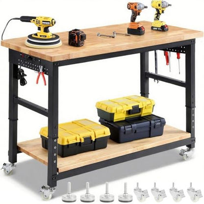 ENJOYWOOD 60" x 22" Heavy Duty Workbench with Wheels, Adjustable Height Garage Work Table with Solid Rubberwood Top, Double Layer Shelf, Sided Pegboard & Power Outlets for Home & Workshop - size: XX-Large