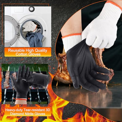 ANBOSON BBQ Gloves for Cooking Baking Grilling, 100 Count Disposable Nitrile Gloves and 4 Count Cotton Glove Liners Washable (10mil Nitrile, X-Large) - size: X-Large, style: 10mil Nitrile