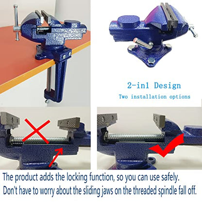 2-in-1 Dual-Purpose Combined Bench Vise or Table Vise, With end-point locking device, Portable Universal Rotate 360° Work Clamp-On Vise, 3.2" Blue - style: 3.2" Blue