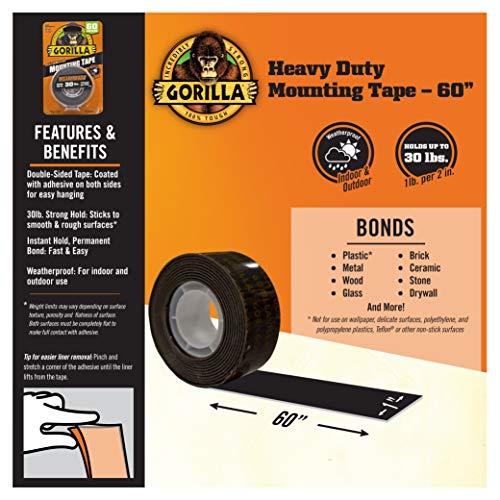 Gorilla - Heavy Duty Double Sided Mounting Tape; Weatherproof; 1" x 60"; Black; (Pack of 8) - size: 8 Pack