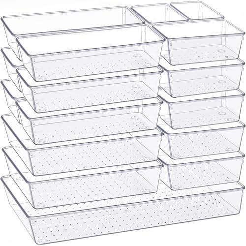 Criusia Drawer Organizer, 18 Pack Large Clear Plastic Kitchen Drawer Organizers Set, 6 Size Versatile Bathroom and Vanity Drawer Organizer Trays, Storage Bins for Makeup, Bedroom, Kitchen Utensils - size: 18PACK