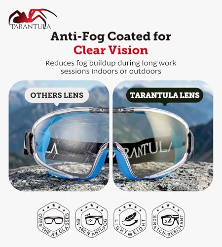 Tarantula ANSI Z87.1+ Safety Goggles Over Glasses, Anti-Fog & Anti-Scratch, Adjustable Strap, Lab Eye Protection, Woodworking - color: Clear & Blue