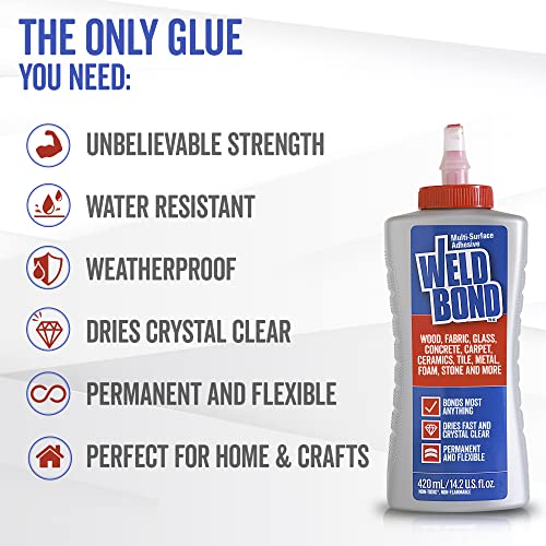 Weldbond Multi-Surface Strong Glue – Fast Drying Glue for Wood, Tile, Ceramic, Pottery, Glass, Metal & More – Heavy Duty Adhesive for Mosaic, Crafts, Wood Working & Repairs – 14.2oz (420ml), 2 Pack - size: 2-pack