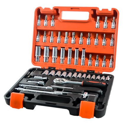 53 Pieces Socket Wrench Set Drive Socket Set with 1/4 Inch Ratcheting Wrench Plastic Toolbox Storage Case for Automotive Repair And Home Use - color: Gjx53s