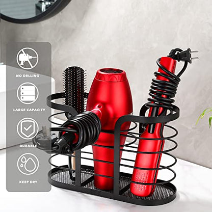 YIGII Hair Dryer Holder - Wall Mount/Adhesive Blow Dryer Holder Bathroom Organizer Hot Tools Organizer for Hair Dryer, Electric Shaver Black - color: Black-L