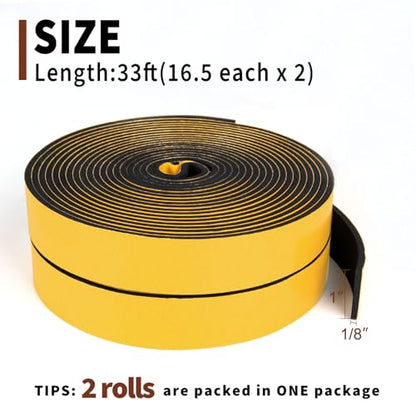 Yotache Weather Stripping 2 Rolls 1" W X 1/8" T (New Adhesive Craft), Neoprene Foam Weatherstrip Tape for Automotive, 33 Ft Length (2 X 16.5 Ft Each) - size: 1"x1/8"x33 FT