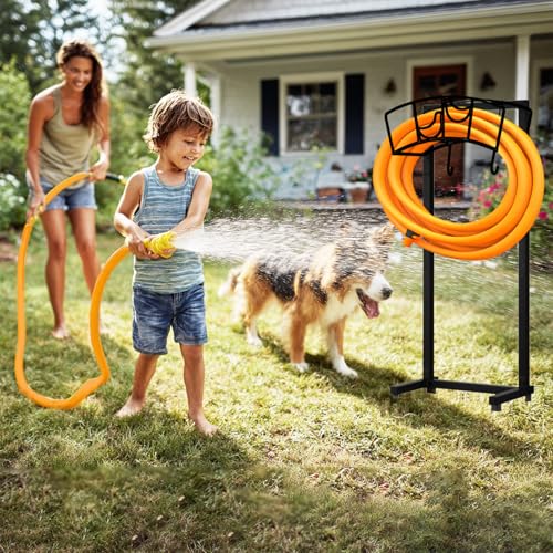 Mofesun Garden Hose Holder, Heavy Duty Metal Water Hose Holder 160-Feet Capacity, Detachable Freestanding Hose Hanger with 2 Tool Hooks, Garden Hose Storage Rack, Black