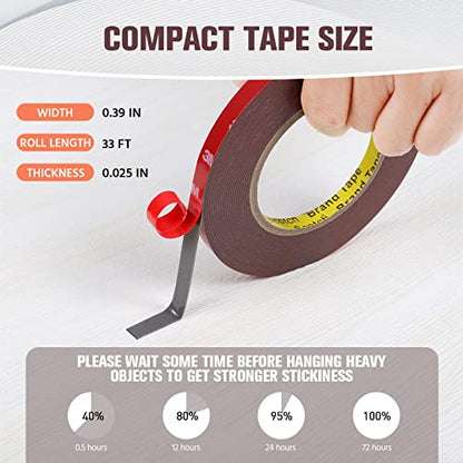 Double Sided Tape, Heavy Duty Mounting Tape Waterproof Foam Tape, 32FT Length, 0.39IN Width for LED Strip Lights, Home/ Office Decor, Made of 3M VHB Tape - size: 33ft
