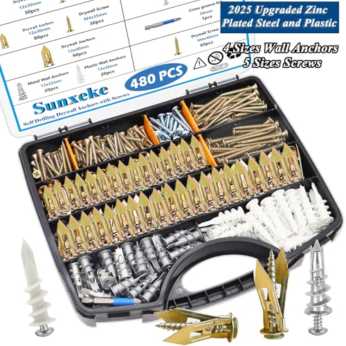 480 PCS Self Drilling Drywall Anchors Kit with Screws - 4 Sheetrock Anchors & 5 Screw Sizes (2025 Upgraded), No Drill Needed, Zinc Plated Steel and Plastic, Heavy Duty Wall Anchors - size: KIT-480PCS