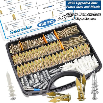 480 PCS Self Drilling Drywall Anchors Kit with Screws - 4 Sheetrock Anchors & 5 Screw Sizes (2025 Upgraded), No Drill Needed, Zinc Plated Steel and Plastic, Heavy Duty Wall Anchors - size: KIT-480PCS