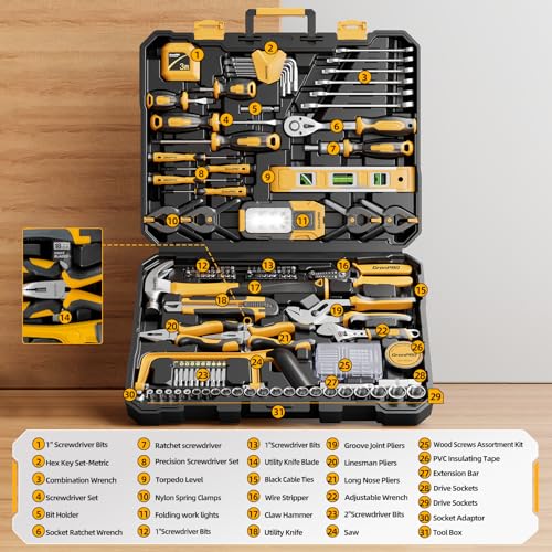 GRENPRO 239PCS Tool Set Tool Kit For Home, Basic Household Automotive Motorcycle Car Tool Kits, Portable Plastic Mechanics Tools Boxes Sets With Organizers And Storage Case For Men Women All Purpose - style: Yellow Hand Tool Set 239PC