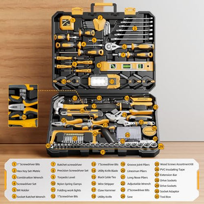 GRENPRO 239PCS Tool Set Tool Kit For Home, Basic Household Automotive Motorcycle Car Tool Kits, Portable Plastic Mechanics Tools Boxes Sets With Organizers And Storage Case For Men Women All Purpose - style: Yellow Hand Tool Set 239PC