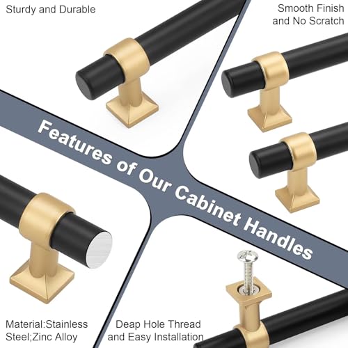 5Pack Hole Centers 2.5inch(64mm) Black Cabinet Handles with Gold Champagne Base T Shaped Kitchen Cabinet Pulls Hardware Pull Handle for Cabinets Dressers 4inch Total Length - color: Black with Champagne Gold Base, size: Hole Centers: 2.5inch
