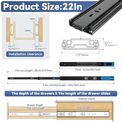 ToBeGreat Push to Open Soft Close Drawer Slides 22 Inch Side Mount Dresser Runner Black,2/3 Full Extension Ball Bearing 100 LB Kitchen Nightstand Glides Rails 1 Pair - color: Black(Push to Open & Soft Close)-1 pair, size: 22 Inch