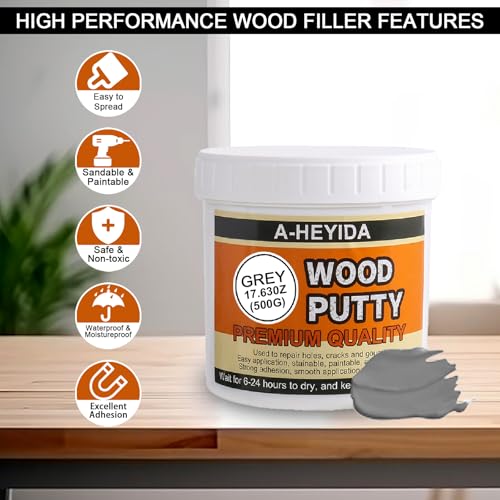 Gray Wood Filler Repair Kit - Paintable, Stainable Wood Putty for Restore Cracks and Holes on Wooden Floor Furniture, Vinyl, Laminate, Veneer, Cabinet