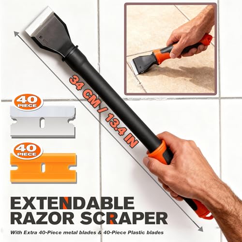 M MEEPO 5 in 1 Razor Blade Scraper & Caulking Tool Set, with 80 pcs Razor Blades & 5 pcs Scraper Blades, Extentable & Detachable Scraper Tool Oven Cleaner Caulk Grout Remover Tool for House Cleaning