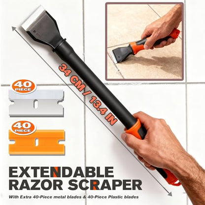 M MEEPO 5 in 1 Razor Blade Scraper & Caulking Tool Set, with 80 pcs Razor Blades & 5 pcs Scraper Blades, Extentable & Detachable Scraper Tool Oven Cleaner Caulk Grout Remover Tool for House Cleaning
