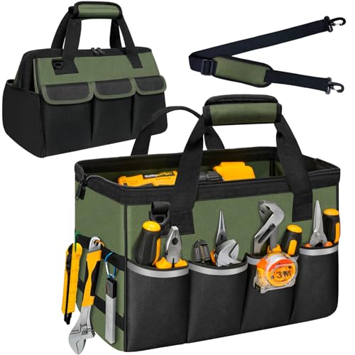 NECKORY Tool Bag, Portable Tool Box Organizer Adjustable Shoulder Strap, Carry Tool Tote Heavy Duty Tool Storage Bag With Wide Mouth,Tool Bags for Men Mechanic EngineerGift - L, Army Green & Black - color: Army Green & Black, size: L
