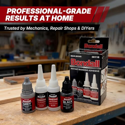 BONDALL Instant Bonding Adhesive Repair Kit, 4PC Set with (2) Super Glue Bottles, Plastic & Metal Reinforcing Powders (Black & Grey), Strong Waterproof Adhesive. (BONDALL - 1 Pack) 36118