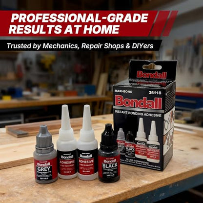 BONDALL Instant Bonding Adhesive Repair Kit, 4PC Set with (2) Super Glue Bottles, Plastic & Metal Reinforcing Powders (Black & Grey), Strong Waterproof Adhesive. (BONDALL - 1 Pack) 36118