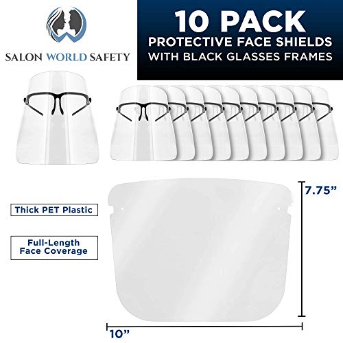 TCP Global Salon World Safety Face Shields with Black Glasses Frames (Pack of 10) - Ultra Clear Protective Full Face Shields to Protect Eyes, Nose, Mouth - Anti-Fog PET Plastic, Goggles - color: Black