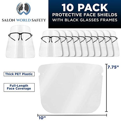 TCP Global Salon World Safety Face Shields with Black Glasses Frames (Pack of 10) - Ultra Clear Protective Full Face Shields to Protect Eyes, Nose, Mouth - Anti-Fog PET Plastic, Goggles - color: Black