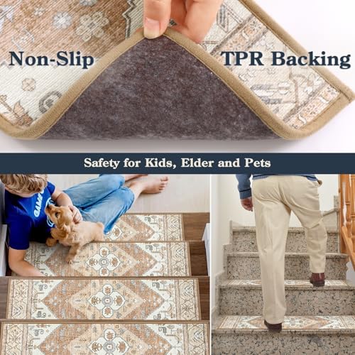 Lahome Stair Treads Non Slip 15 Pack 8" X 30" Stair Treads for Wooden Steps, Washable Self Adhesive Stair Runners Stain Resistant Stair Carpet, Edging Staircase for Kids Elders and Dogs Dorie, Taupe - color: Taupe