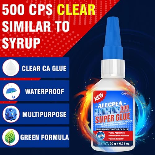 20g Medium-Thick CA Glue (500 CPS), Instant Clear Cyanoacrylate Glue for Wood, Glass, Metal, Paper, Leather, Plastic, Ceramic, Rubber, Jewelry, Woodworking, Hobby Models, and Craft Project - size: Clear/500CPS