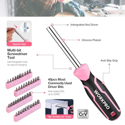 WORKPRO Pink Tool Set, 258 PCS Tool Kit for Women, Basic Household Case with Hammer, Screwdriver Set, Portable for Home Repair, New Apartment, House-Warming, DIY - Pink Ribbon