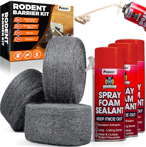 [Upgraded] Rodent Barrier Kit, 3Pcs Steel Wool Included 3Pcs PU Spray Foam for Mice Control, 3.2"x7.5’ Rodent Control Fill Fabric, Gloves, Scissors, Gap Blocker in Hole Pipeline Vent in House, Garage - style: 3Pcs Steel Wool + 3Pcs Spray Foam